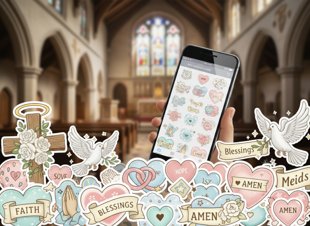 A vibrant digital collage featuring a variety of Christian-themed stickers designed for WhatsApp. In the foreground, include colorful stickers depicting symbols such as a cross, a dove, hearts, and prayers, with intricate designs and soft pastel colors. In the middle ground, display a smartphone showcasing the sticker interface, highlighting the joyful and uplifting nature of the stickers. The background should be a soft, blurred depiction of a serene church interior with warm, inviting lighting that creates a peaceful atmosphere. The overall mood should feel inspirational and comforting, symbolizing faith and community. Utilize soft focus to emphasize the stickers while ensuring clarity in the smartphone's design.