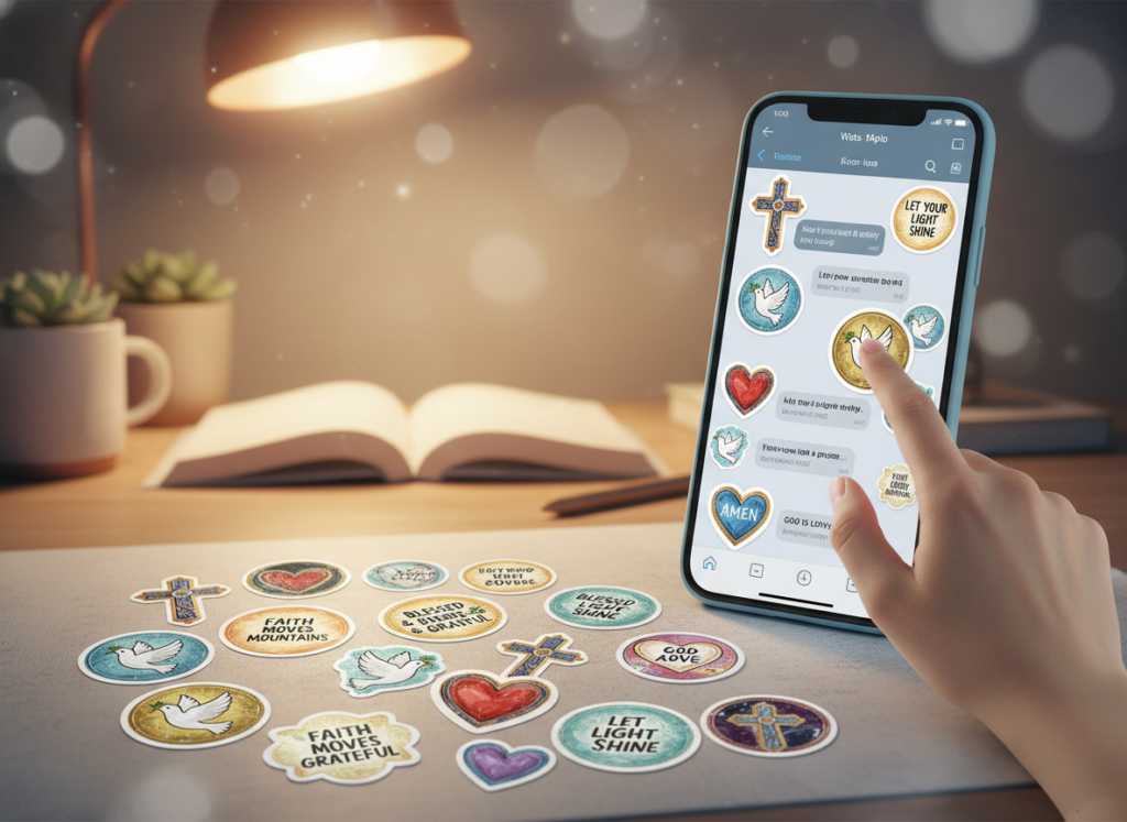 A vibrant digital collage showcasing a variety of Christian-themed stickers designed for WhatsApp. In the foreground, display a selection of colorful and joyful stickers, including crosses, doves, hearts, and uplifting quotes about faith, all creatively arranged. In the middle ground, incorporate a smartphone with the WhatsApp interface, clearly showing these stickers in use, with a hand reaching out to select one. In the background, a warm and inviting light bathes a softly blurred scene of a peaceful desk setup, symbolizing a welcoming digital space for sharing faith. The atmosphere should feel uplifting and positive, emphasizing community and interaction through these stickers. Use soft focus to create a dreamy effect, enhancing the emotional connection to the subject.