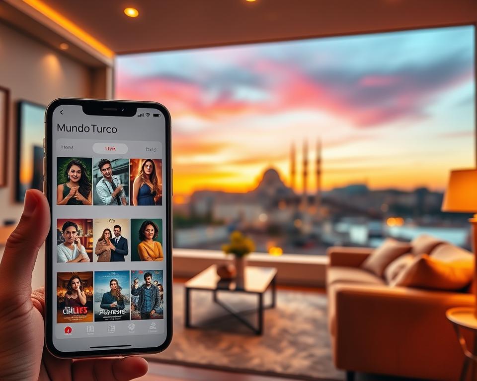 A vibrant digital composition showcasing a collection of iconic Turkish drama series. In the foreground, display a sleek smartphone with a user interface of an app named "MundoTurco," highlighting various show thumbnails featuring captivating scenes and characters. In the middle, depict a cozy, stylish living room setting with plush furniture and warm lighting, suggesting an inviting space for watching dramas. The background features a softly blurred view of Istanbul’s skyline at sunset, evoking the essence of Turkish culture. Use a soft focus lens effect for a dreamy atmosphere, with warm color tones to create a welcoming and engaging mood, ideal for viewers diving into the world of Turkish television dramas.