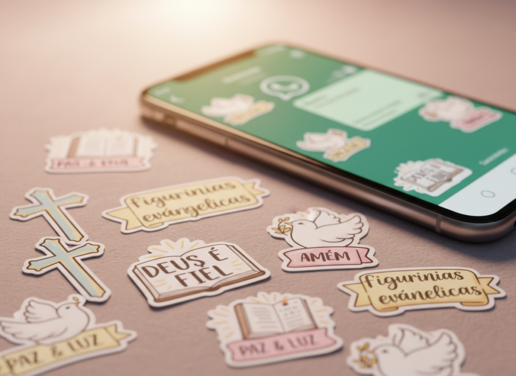 A vibrant display of "figurinhas evangélicas" designed for WhatsApp stickers, featuring a variety of Christian symbols such as crosses, doves, and inspirational quotes. In the foreground, showcase colorful, stylized illustrations of these stickers, each exuding warmth and positivity. The middle ground can include a blurred smartphone screen displaying the WhatsApp interface, emphasizing the context of use. For the background, a soft, gradient light radiates from a subtle halo effect, creating a serene and uplifting atmosphere. Use a warm color palette with bright pastels and soft shadows to enhance the inviting feel. The image should capture the essence of faith and community, evoking a sense of connection and encouragement among users.