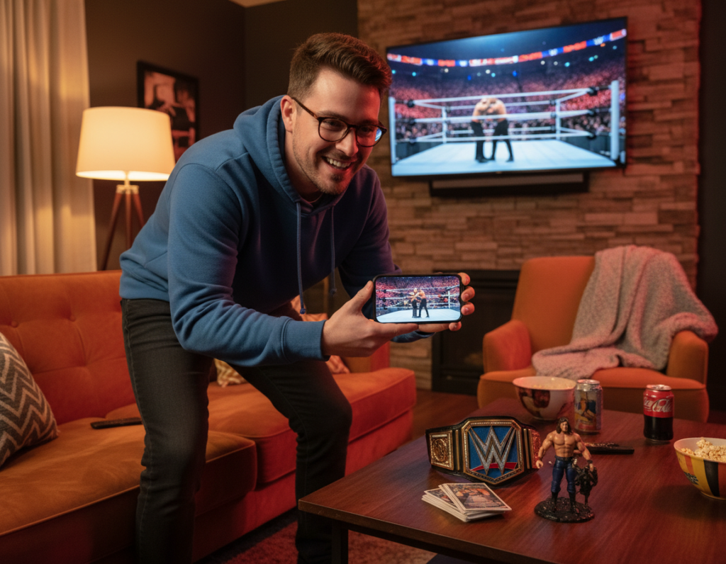 A vibrant, dynamic scene showcasing a user engaging with WWE content on a smartphone. In the foreground, a young adult in casual yet stylish clothing is intently watching a wrestling match on their mobile device, displaying excitement and enjoyment. The middle ground features a cozy living room setup, with soft lighting illuminating plush cushions and a coffee table strewn with wrestling memorabilia. The background shows a large TV screen displaying a WWE event, blending seamlessly with the mobile screen in the foreground, illustrating the versatility of viewing options. The atmosphere is lively and enthusiastic, capturing the thrill of watching WWE from anywhere. Emphasize warm colors and engaging facial expressions to convey the enjoyment of this modern viewing experience. Ideal lighting conditions evoke a welcoming and immersive environment, inviting the viewer to feel part of this exciting world of entertainment.