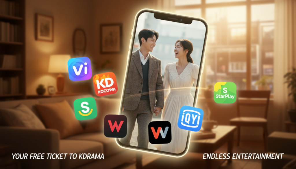 A vibrant, engaging digital collage showcasing various popular free apps for watching Korean dramas. In the foreground, dynamic icons of the apps are artistically arranged in a visually appealing manner, each with a distinctive color scheme. The middle layer features a stylized smartphone displaying a scene from a romantic Korean drama, with characters depicted in professional and modest attire, expressing joy and connection. The background includes soft, blurred elements representing cozy settings like a living room or café, enhancing the warm and inviting atmosphere. Golden hour lighting bathes the entire scene, creating a sense of excitement and relaxation. The overall mood is friendly and engaging, inviting viewers into the world of Korean dramas.