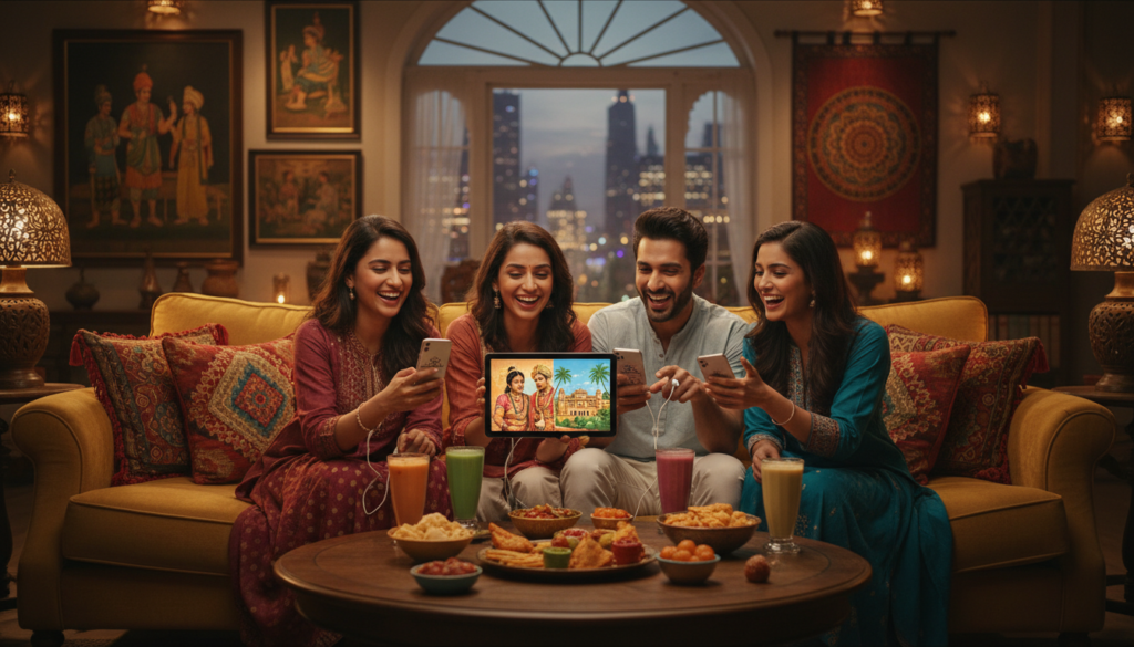 A vibrant, inviting living room scene showcasing a group of diverse, smiling friends engaging with a mobile app showcasing Indian soap operas. In the foreground, a cozy sofa with colorful cushions and a tablet displaying images of traditional Indian scenery and actors in dramatic poses. In the middle, a coffee table filled with snacks and drinks, creating a casual, friendly atmosphere. Background elements include warm ambient lighting, decorative Indian art pieces on the walls, and a window revealing a picturesque city view. The overall mood is lively and joyful, capturing the essence of enjoying entertainment together. Aim for soft focus on the background to emphasize the foreground activity.