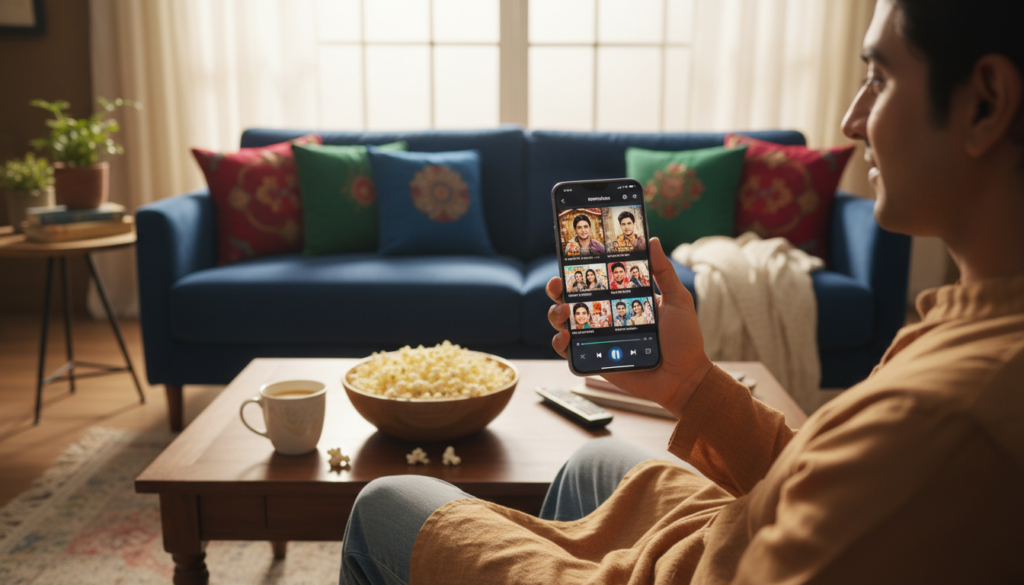 A vibrant, modern smartphone displaying a colorful app interface for Indian soap operas set against a cozy living room backdrop. In the foreground, the smartphone is held by a person in casual but modest attire, intently exploring the app. The middle ground features a stylish coffee table adorned with popcorn and a warm beverage, while a plush couch and decorative pillows complete the scene. In the background, soft natural light filters through a window, creating an inviting atmosphere. The image captures a sense of relaxation and enjoyment, ideal for a cozy movie night. The overall mood is upbeat and engaging, with a focus on the smartphone as the central element in a relatable home setting.