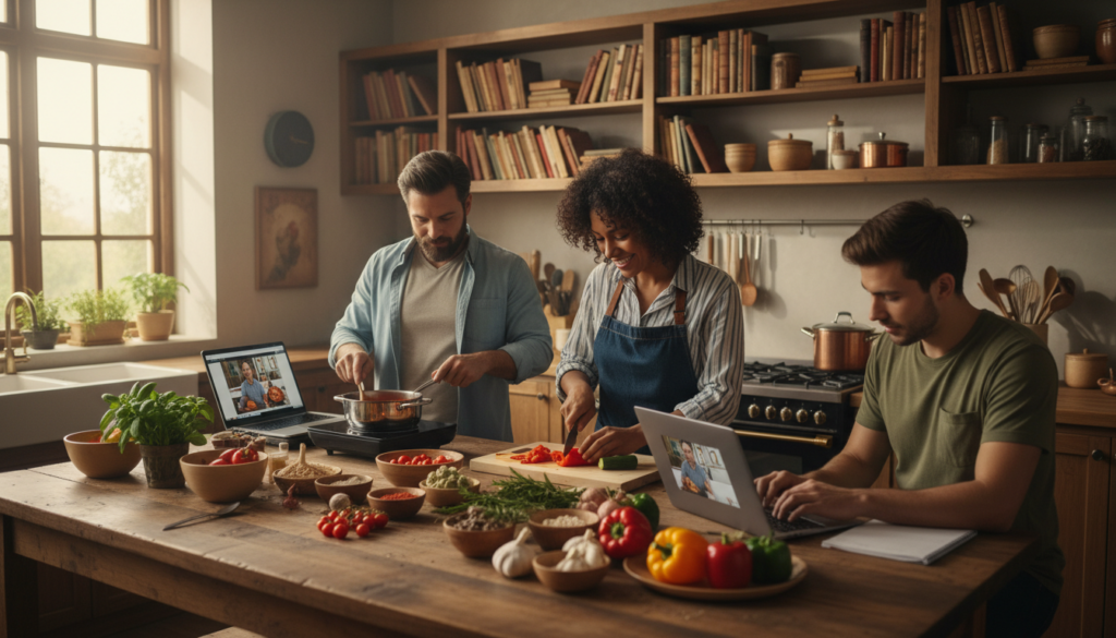 A vibrant online cooking class scene set in a cozy, well-lit kitchen. In the foreground, a diverse group of three individuals—one woman and two men—are attentively following a recipe on their laptops, dressed in casual yet professional attire. One person is chopping vegetables, while another stirs a pot on the stove, showcasing the process of learning and collaboration. In the middle ground, a wooden table is adorned with colorful ingredients such as fresh herbs, spices, and vegetables, emphasizing the joy of cooking. In the background, shelves filled with cookbooks and kitchen tools create a warm, inviting atmosphere. The lighting is bright and natural, filtering through a window, casting soft shadows that enhance the sense of community and learning. The mood is encouraging and inspiring, capturing the transformative power of culinary skills.