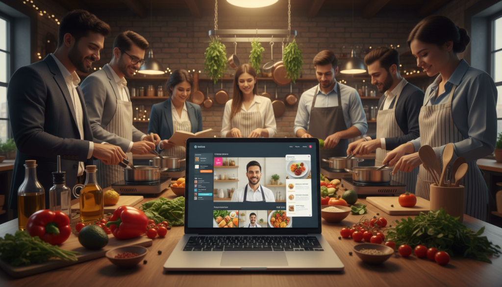 A vibrant online culinary class scene, featuring a diverse group of students in professional business attire engaged in cooking. Foreground: a table filled with fresh ingredients like vegetables, spices, and cooking utensils, with a laptop displaying a virtual cooking interface. Middle: enthusiastic students actively following along, some taking notes while others stir pots or chop ingredients. Background: a cozy kitchen environment with soft, warm lighting, hanging herbs, and kitchen tools neatly arranged. Soft focus on the laptop screen reflecting a colorful online cooking course. The mood is motivating and educational, radiating a sense of community and learning.