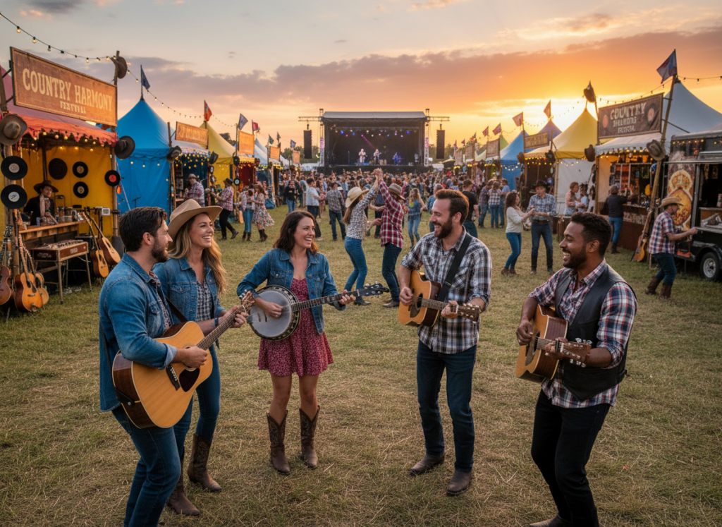A vibrant scene capturing a diverse community of country music lovers, gathered outdoors at a lively festival. In the foreground, a group of friends, wearing casual and smart attire, joyfully holds acoustic guitars and banjos, sharing a moment of laughter. The middle ground showcases colorful tents with musical instruments and country-style decorations, while people dance and enjoy the music, evoking a sense of camaraderie. In the background, a setting sun casts a warm, golden light, enhancing the intimate atmosphere of connection and celebration. The mood is festive and inviting, embodying the spirit of community and love for country music. The composition should be shot at a wide angle to capture the full essence of the gathering, ensuring a lively and engaging depiction.