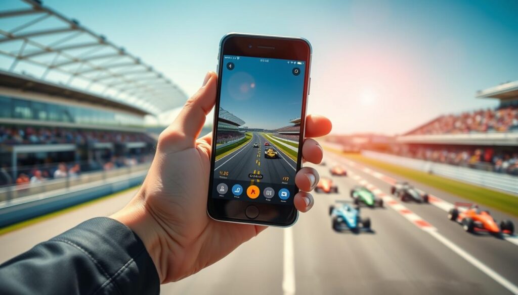 A vibrant scene depicting a modern smartphone displaying a racing app interface, set against a colorful backdrop of various racing cars speeding on a track. In the foreground, a person's hand is reaching towards the phone, with their stylish attire suggesting they are tech-savvy and excited about racing. The middle ground features a racetrack filled with cheering fans and racing vehicles, capturing the thrill of motorsport. The background showcases a clear blue sky and distant grandstands, adding depth to the image. The lighting is bright and dynamic, with sunlight casting vivid colors on the scene, creating an energetic and engaging atmosphere that invites viewers to explore the world of free racing apps.