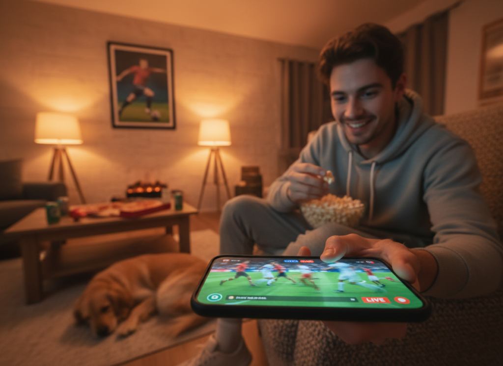 A vibrant scene depicting a person intently watching a live football match on a smartphone, seated comfortably in a cozy living room. In the foreground, show the smartphone screen with dynamic football visuals, emphasizing the excitement of live sports. The middle ground should include the individual, a young adult wearing casual clothes, fully immersed in the game, perhaps with a look of joy on their face. In the background, have soft, warm lighting illuminating the room, with details like a football poster on the wall and snacks on a table, creating an inviting atmosphere. Capture this moment from a slight angle to give depth to the composition, with a focus on the smartphone and the viewer's expressions, evoking a sense of connection to live football.