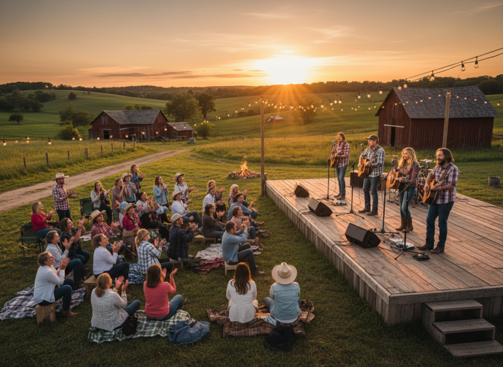 A vibrant scene featuring a cozy country music platform set in an inviting outdoor landscape, showcasing musicians playing acoustic guitars on a wooden stage. In the foreground, a diverse group of listeners, dressed in casual but neat attire, are shown enjoying the live performance, with smiles of appreciation on their faces. The middle layer depicts a sunset sky casting warm golden and orange hues, creating a nostalgic atmosphere. In the background, rolling hills and rustic barn structures add to the charm of the setting, with fairy lights twinkling softly. The lighting is warm and gentle, enhancing the joyful mood of an evening filled with country music. The image is captured from a slightly elevated angle, providing a panoramic view that immerses viewers in the experience, evoking a sense of community and love for country music.