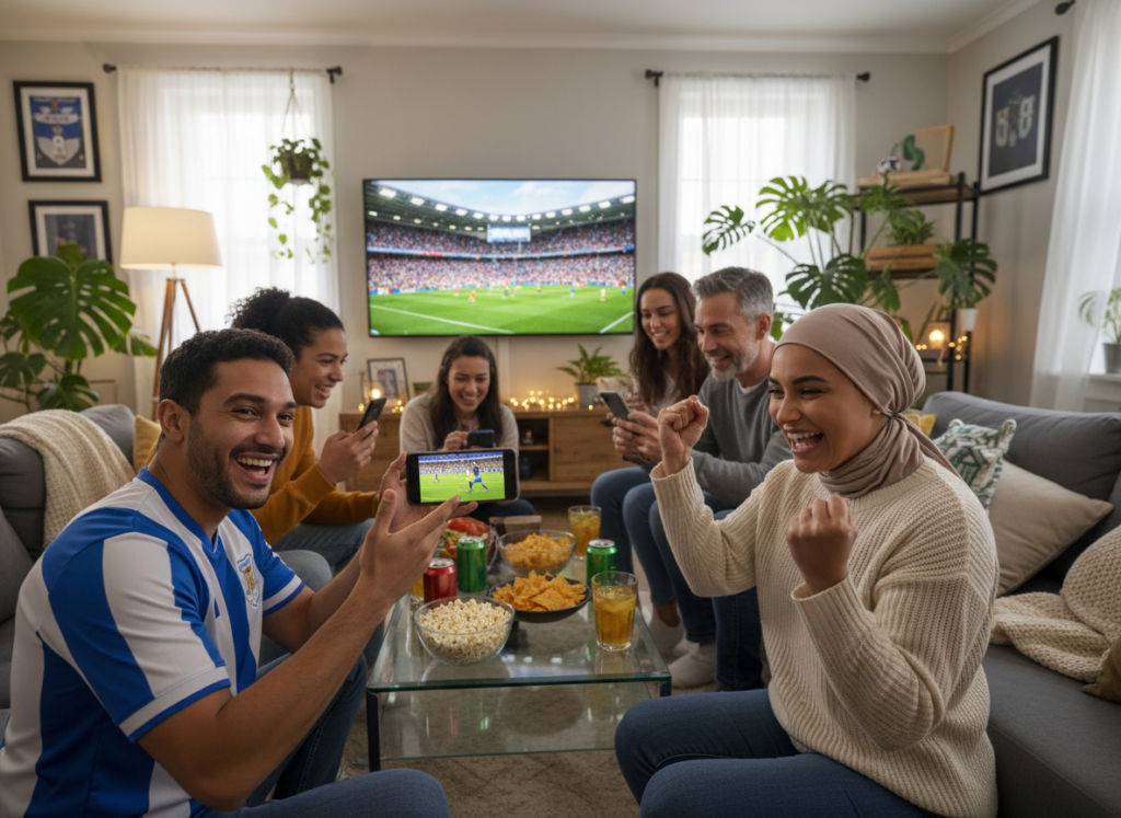 A vibrant scene of a diverse group of people watching a football match on their smartphones, gathered in a cozy living room. In the foreground, a man in a casual sports jersey is excitedly pointing at his phone screen, while a woman in modest casual attire cheers with her fist raised. On a coffee table, snacks and drinks are scattered, enhancing the festive atmosphere. In the middle ground, a large television showcases a dynamic football match backdrop, with colorful fans and players in action. The background features soft, warm lighting creating an inviting environment, with touches of green plants and decorations adding to the cozy feel. The overall mood is lively and enthusiastic, emphasizing the excitement of watching football live and for free on mobile devices.