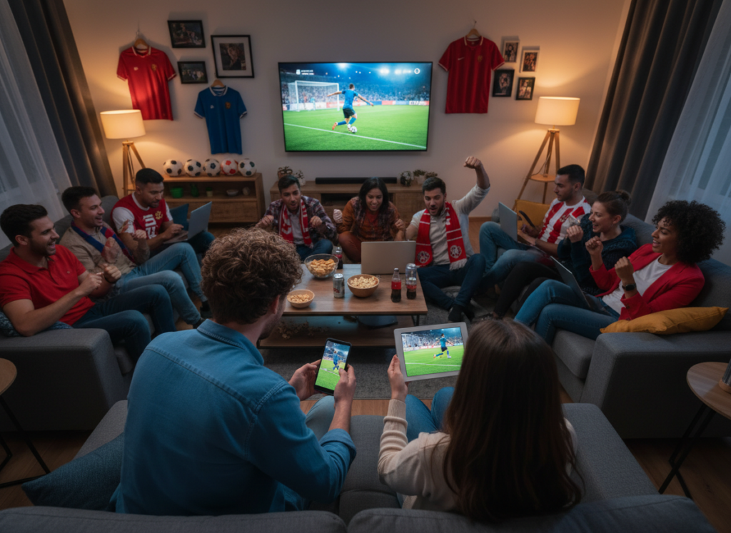 A vibrant scene showcasing a diverse group of people gathered around various devices, immersed in a live sports streaming experience. In the foreground, a young man in a casual shirt excitedly watches a smartphone displaying an intense soccer match, while a woman beside him holds a tablet, her expression focused and engaged. In the middle, a small group is gathered around a large screen, their faces lit by the bright glow of the action-packed game. The background features a cozy living room with subtle lighting that creates an inviting atmosphere, adorned with soccer memorabilia. This image conveys excitement, community, and the thrill of following live sports without interruptions. High angle shot to capture the dynamic interactions among the viewers, with warm, engaging lighting that enhances the mood of active participation and enjoyment.