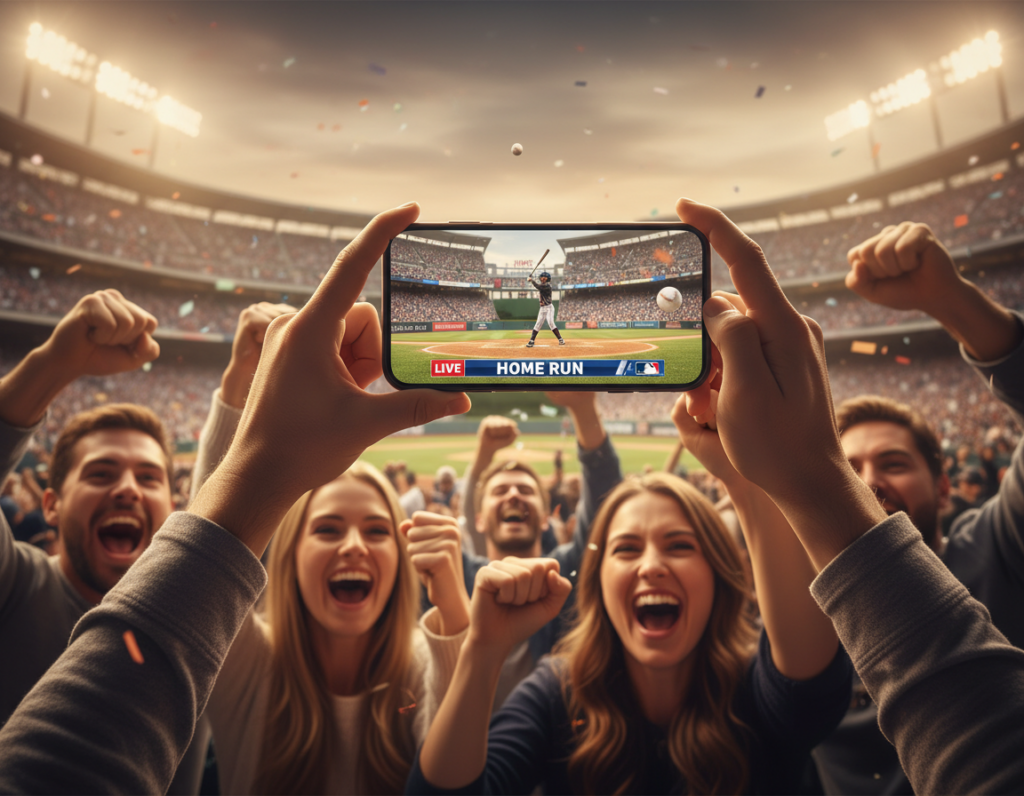 A vibrant scene showcasing a smartphone displaying a live baseball game, set against a backdrop of a cheering crowd in a modern stadium. In the foreground, the smartphone is held by a diverse group of enthusiastic fans, showing excitement as they watch the game in real-time. The middle reveals dynamic action, with a player hitting a home run, visually capturing the ball in mid-flight. The background features bright stadium lights illuminating the field, enhancing the exhilarating atmosphere. Use a shallow depth of field to focus on the smartphone while subtly blurring the crowd and stadium, creating an immersive feel. The lighting should be warm and inviting, conveying a sense of community and excitement among fans.