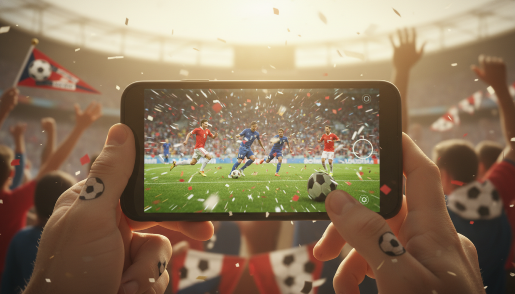 A vibrant scene showcasing a smartphone displaying a live soccer match, with the screen reflecting excitement and energy. In the foreground, the phone is held in hands that are slightly blurred to emphasize focus on the screen. The middle ground includes elements indicative of a festive atmosphere, such as confetti and soccer-themed decorations. In the background, soft hints of a cheering crowd can be seen, creating a sense of community and celebration. The lighting is bright, evoking an afternoon sun, with a slightly warm tone that enhances a joyful mood. The overall composition should radiate enthusiasm and the thrill of watching a World Cup game via mobile, inviting the viewer into the experience.