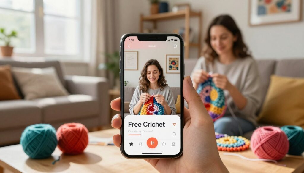 A vibrant smartphone displaying a free crochet app on its screen, positioned prominently in the foreground. In the middle, a cozy living room setting with a person, a woman with modest casual clothing, happily following an online crochet tutorial. Various skeins of colorful yarn scattered around her create a dynamic and inviting atmosphere. Soft natural light streams through a nearby window, creating a warm ambiance. In the background, a decorative shelf filled with crochet projects adds depth to the scene. The image should evoke a sense of creativity, accessibility, and inspiration for beginners learning crochet through their mobile device.