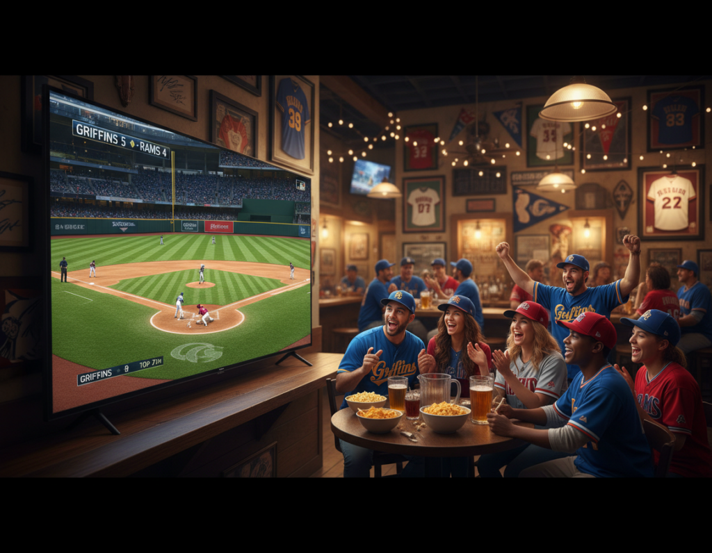A vibrant sports setting showcasing a high-quality Major League Baseball (MLB) game broadcast. In the foreground, a close-up of a sleek, modern television displaying a live MLB game with vivid colors and sharp details, emphasizing the players in action on the field wearing stylish team uniforms. The middle ground features an excited group of diverse fans, dressed in casual sporting attire, captivated by the game, enjoying snacks and drinks. The background reveals a bustling sports bar atmosphere with warm lighting and memorabilia. The scene conveys a sense of excitement and camaraderie, highlighting the engaging experience of watching high-quality broadcasts of MLB games. The composition should have a slightly angled perspective, with rich colors and a focus on clarity and detail to enhance the viewing experience.