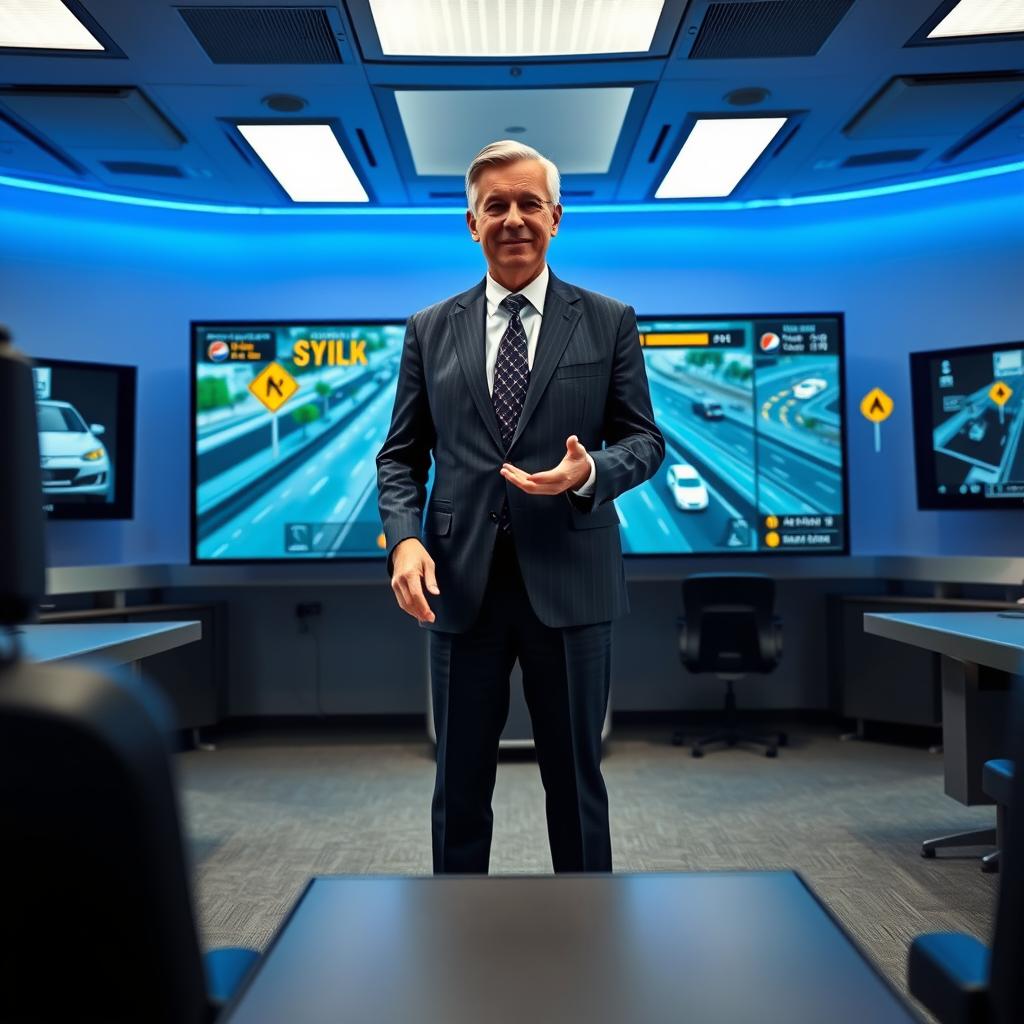 A virtual traffic instructor stands confidently in a modern, futuristic classroom setting surrounded by digital screens displaying traffic signs and driving scenarios. The instructor is a middle-aged man wearing a professional business suit, promoting a sense of authority and expertise. He is gesturing towards a large interactive display featuring a simulated driving test interface, with aerial views of streets and car models. The background showcases a sleek, tech-savvy environment with soft blue lighting that enhances the focus on the instructor. The atmosphere is inviting and educational, emphasizing a learning experience that is engaging. The angle is slightly low, giving a sense of importance to the instructor while capturing the high-tech surroundings. A virtual traffic instructor stands confidently in a modern, futuristic classroom setting surrounded by digital screens displaying traffic signs and driving scenarios. The instructor is a middle-aged man wearing a professional business suit, promoting a sense of authority and expertise. He is gesturing towards a large interactive display featuring a simulated driving test interface, with aerial views of streets and car models. The background showcases a sleek, tech-savvy environment with soft blue lighting that enhances the focus on the instructor. The atmosphere is inviting and educational, emphasizing a learning experience that is engaging. The angle is slightly low, giving a sense of importance to the instructor while capturing the high-tech surroundings.