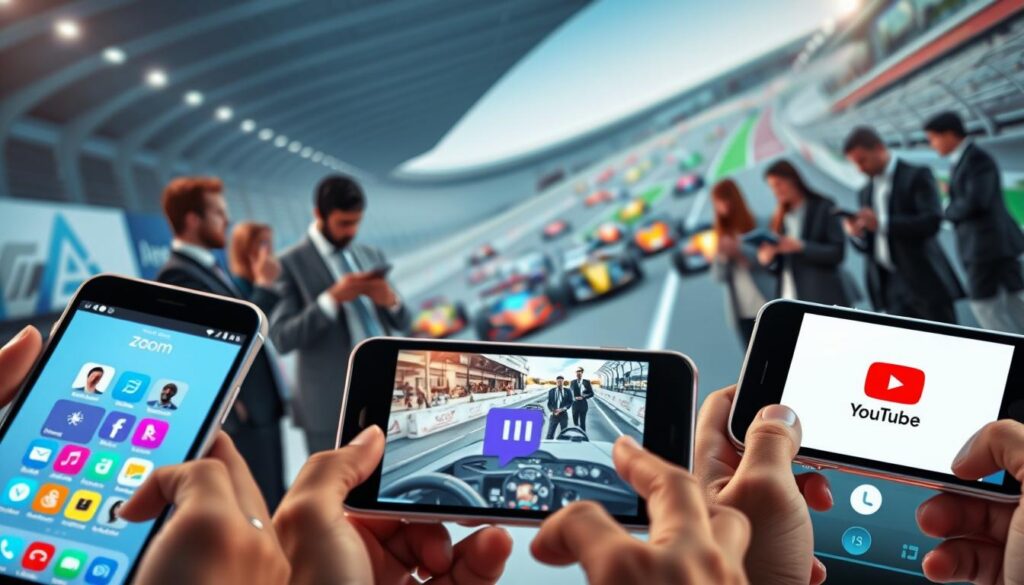A visually appealing digital collage showcasing the main applications and platforms for live streaming automotive races. In the foreground, feature sleek smartphone screens displaying vibrant interfaces of popular streaming apps like Zoom, Twitch, and YouTube. In the middle ground, add a diverse group of people, dressed in professional business attire, engaging with their devices and discussing the races. The background should feature a dynamic racing scene, with colorful cars zooming around a track, conveying motion and excitement. The lighting should be bright and energetic, with a slight focus on the screens to highlight their usability in a vibrant, tech-savvy atmosphere. The overall mood is engaging and informative, perfect for illustrating modern viewing options for motorsport fans.