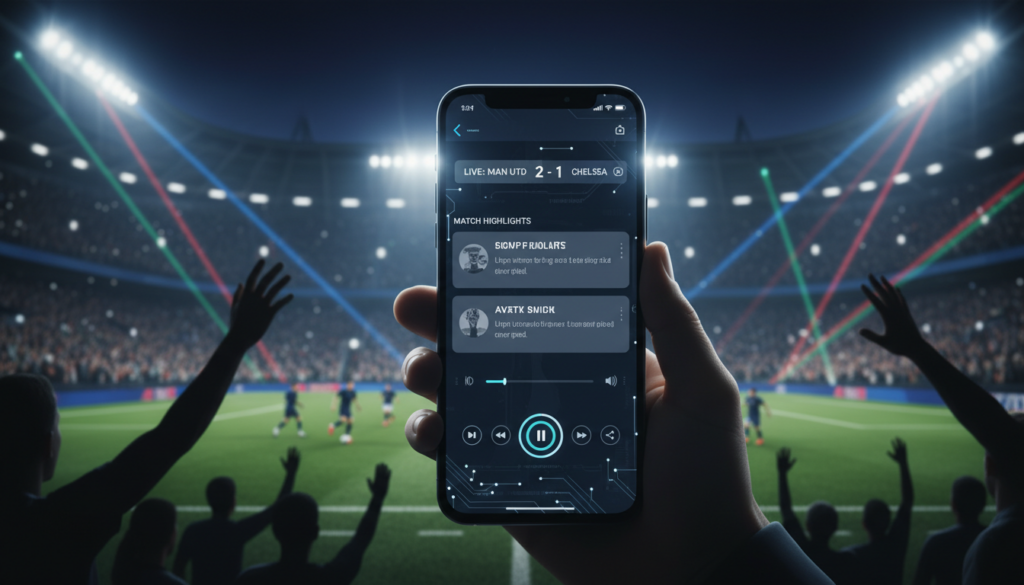 A visually appealing digital illustration showcasing the essential features of a free live football streaming app. In the foreground, display a sleek smartphone with an engaging app interface displaying live scores, match highlights, and user-friendly controls. The middle ground features a slightly blurred soccer field with players in action, symbolizing live game streaming. In the background, depict a vibrant stadium atmosphere filled with cheering fans, colored lights, and a clear night sky. The overall lighting should be bright and exciting, creating a dynamic and lively mood. The image should be created to emphasize technology and connectivity, with no text or watermarks, capturing the excitement of watching football live on mobile devices.