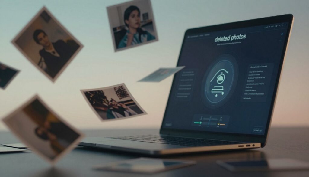 A visually captivating composition showcasing the concept of "deleted photos." In the foreground, an array of fragmented photographs floats gently, some appearing faded and ghostly, symbolizing lost memories. The middle ground features a sleek modern digital device, like a smartphone or laptop, displaying a digital recovery interface, with intricate icons and soft glows suggesting retrieval and hope. In the background, a subtle gradient of cool colors creates a tranquil atmosphere, evoking a sense of nostalgia and melancholy. Soft, diffused lighting casts gentle shadows, enhancing the emotional depth of the scene. The angle is slightly tilted, giving a dynamic perspective that draws the viewer into the exploration of recovering lost memories. The overall mood is contemplative and reflective, emphasizing the theme of salvation and second chances.