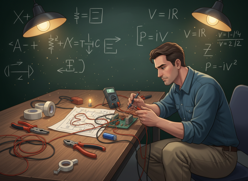 A visually engaging illustration depicting the fundamental concepts of basic electricity. In the foreground, a professional electrician in modest casual attire is working with a multimeter and wires, showcasing the hands-on repair aspect. The middle section features various essential tools like pliers, screwdrivers, and circuit diagrams laid out on a workbench. In the background, a chalkboard displays electrical symbols and formulas, with warm lighting creating a focused and informative atmosphere. The scene is captured from a slightly elevated angle, providing a comprehensive view of the setup while emphasizing the electric components. The overall mood is educational and practical, inviting viewers to explore the world of electricity fundamentals.