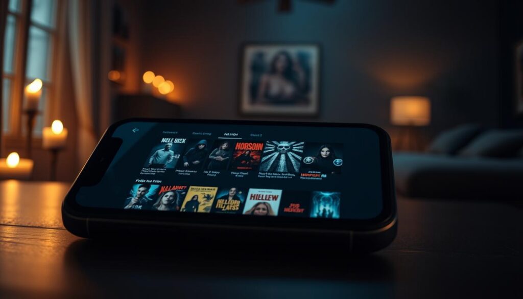 A visually striking and atmospheric "catalog of horror movies" spread out across an inviting smartphone screen. Foreground features a sleek, modern phone showcasing a dark, eerie app interface filled with iconic horror film posters and chilling artwork. In the middle, a cozy, dimly lit living room with plush furniture, creating an inviting yet suspenseful atmosphere, hinting at a perfect movie night. The background is dim, with subtle horror-themed decor like flickering candles and shadowy corners, enhancing the mood. Soft, ambient lighting casts long shadows, adding to the sense of mystery and excitement in the scene. The angle captures the phone clearly, emphasizing its user-friendly design and cinematic allure, appealing to horror film enthusiasts looking to watch on the go. A visually striking and atmospheric "catalog of horror movies" spread out across an inviting smartphone screen. Foreground features a sleek, modern phone showcasing a dark, eerie app interface filled with iconic horror film posters and chilling artwork. In the middle, a cozy, dimly lit living room with plush furniture, creating an inviting yet suspenseful atmosphere, hinting at a perfect movie night. The background is dim, with subtle horror-themed decor like flickering candles and shadowy corners, enhancing the mood. Soft, ambient lighting casts long shadows, adding to the sense of mystery and excitement in the scene. The angle captures the phone clearly, emphasizing its user-friendly design and cinematic allure, appealing to horror film enthusiasts looking to watch on the go.