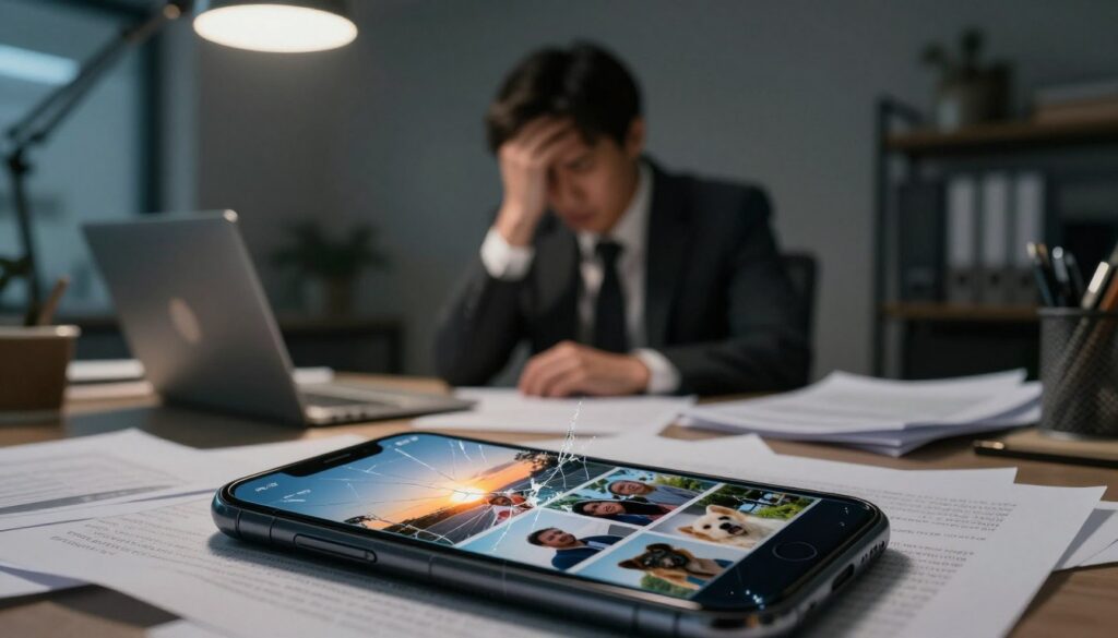 A visually striking composition illustrating the main causes of photo deletion. In the foreground, a shattered smartphone screen reveals fragmented images of missed memories, such as a sunset, family gatherings, and pets. In the middle ground, a stressed individual in professional attire sits at a desk littered with disorganized papers, showcasing frustration over lost photos. Among the clutter, subtle elements like a coffee cup and a laptop add context. The background features a dimly lit office space, with soft shadows and a flickering overhead light creating an atmosphere of urgency and concern. Use a shallow depth of field to emphasize the emotions of the subject, while softly blurring the chaotic background. The overall mood is tense and reflective, capturing the anxiety surrounding the loss of cherished memories.