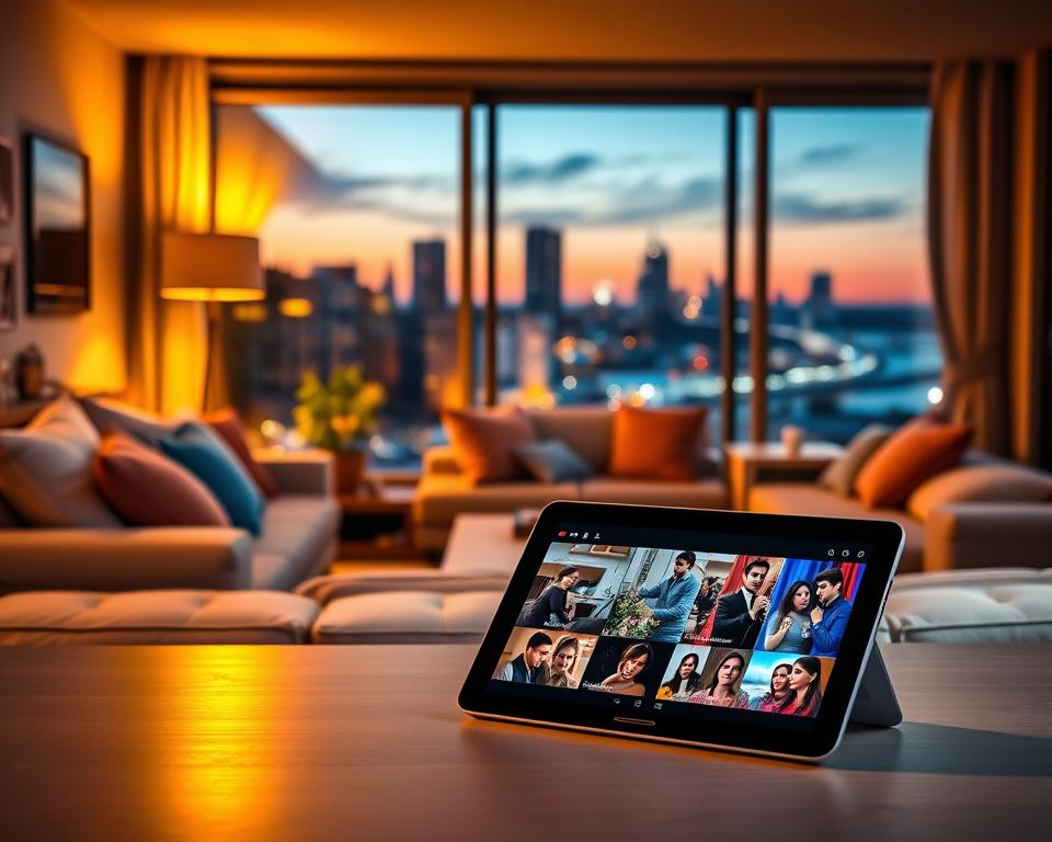 A visually striking image depicting the ViX platform for Turkish soap operas. In the foreground, a sleek, modern digital device, such as a tablet or laptop, showcases vibrant stills from various popular Turkish dramas, displaying dramatic moments and captivating characters. The middle ground features a cozy, contemporary living room setting, with plush seating, soft cushions, and warm lighting, inviting audiences to engage with their favorite shows. In the background, a large window reveals a city skyline at dusk, adding depth and a sense of excitement. The atmosphere is warm and inviting, with a soft glow illuminating the scene, creating a feeling of comfort and entertainment. The composition should reflect a sense of community viewing and passion for storytelling, capturing the essence of enjoying Turkish novelas online through a user-friendly interface.