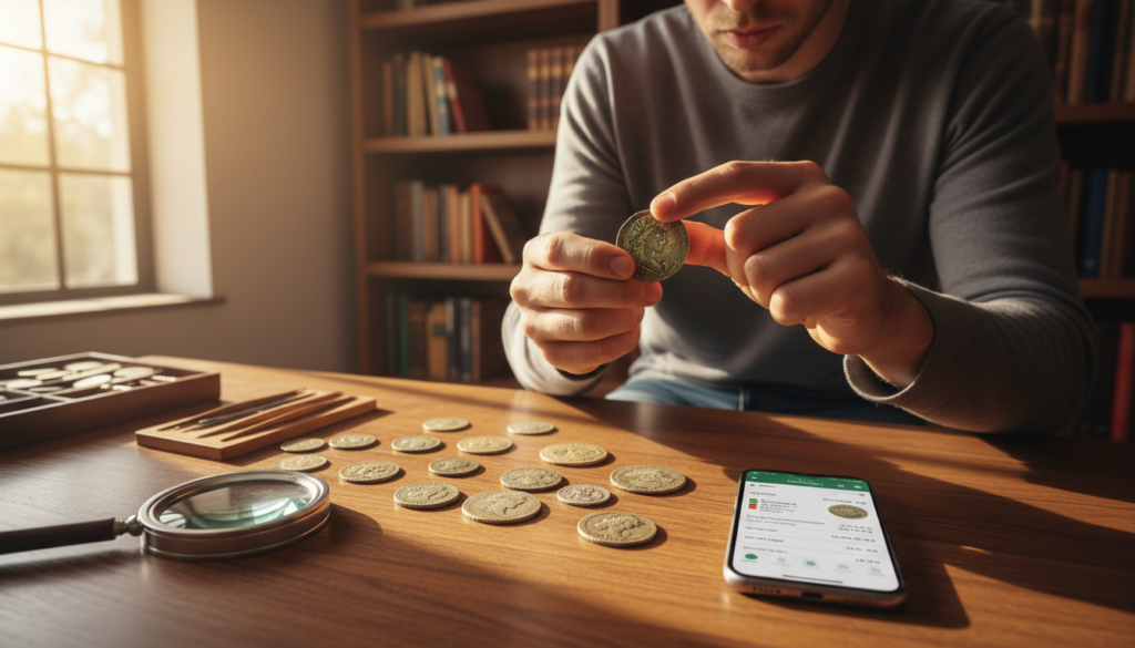 A well-organized workspace for evaluating rare coins, featuring a person in modest casual clothing examining a collection of antique coins. The foreground showcases a wooden table scattered with various coins, magnifying glass, and a smartphone displaying a coin appraisal app. In the middle, a focused individual gently holds a shiny, ancient coin under bright, natural light pouring in from a nearby window, highlighting its intricate details and patina. The background features soft blurred shelves filled with coin collecting books and tools. The overall atmosphere is one of curiosity and discovery, captured in warm, inviting tones to convey a sense of exploration in coin collecting. The scene is framed with a slight overhead angle to enhance depth and perspective.