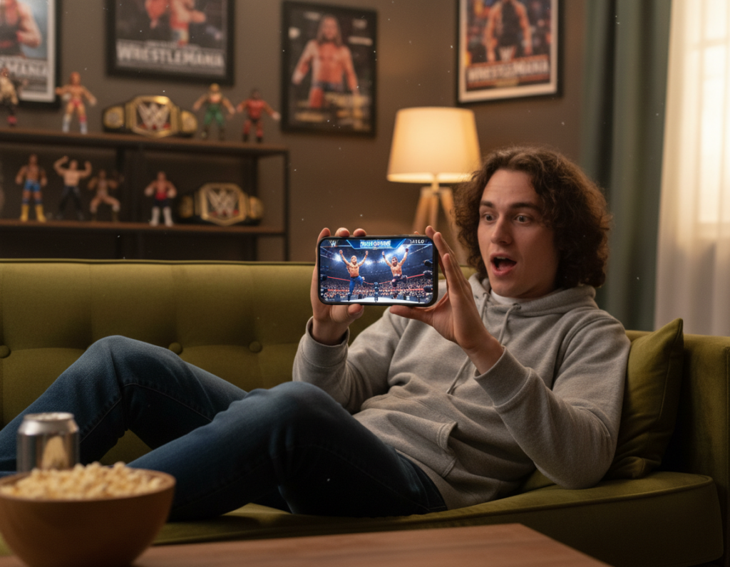 A young adult enthusiast is sitting comfortably on a couch, holding a smartphone in their hand, passionately watching a WWE event live. The foreground features the smartphone screen glowing, showcasing a dynamic wrestling match with vibrant colors and action-packed visuals. In the middle ground, the individual is dressed in casual, modest clothing, exuding excitement with a focused expression. The background includes subtle hints of a cozy living room, adorned with wrestling memorabilia and posters, enhancing the atmosphere. Soft, warm lighting casts a welcoming glow over the scene, emphasizing the excitement of watching WWE on the go, capturing a sense of anticipation and thrill.