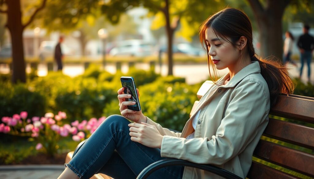 A young adult woman sitting comfortably on a park bench, engrossed in watching a K-drama on her smartphone. She has a serene expression, wearing casual yet modest clothing, with a light jacket and jeans. The foreground features her holding the phone, reflecting the vibrant screen displaying a romantic scene. In the middle ground, lush greenery and blooming flowers create a relaxed atmosphere, symbolizing the outdoor accessibility of viewing dramas. The background is slightly blurred, hinting at a lively cityscape with people walking by, capturing the essence of being able to watch anywhere. Golden hour lighting softly illuminates the scene, enhancing its warm, inviting mood. The composition should be shot with a shallow depth of field to focus on the viewer's connection to the device.