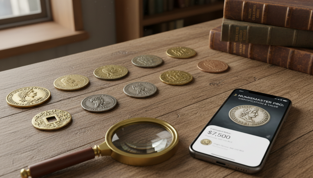 An antique coin collection displayed on a rustic wooden table, featuring several distinct and rare coins from various historical periods. In the foreground, a magnifying glass is positioned next to a digital smartphone displaying an app interface for coin identification. The background shows softly blurred stacks of books about numismatics and history, illuminated by warm, natural light filtering through a window. The coins glisten, showcasing intricate designs and patinas, creating a sense of nostalgia and curiosity. Capture this scene from a slight overhead angle to emphasize the texture of the coins and the smartphone, evoking a mood of discovery and value. Aim for a realistic style with attention to detail, ensuring the lighting highlights the uniqueness of the coins.