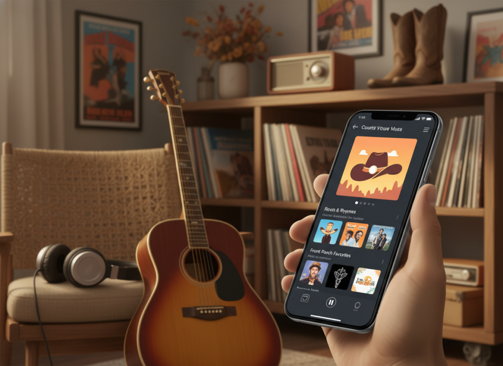 An illustration showcasing the innovative features of a country music app, set in a modern, cozy home environment. In the foreground, a stylish smartphone displays the app interface with vibrant album art, playlists, and user-friendly navigation. The middle ground features a vintage acoustic guitar resting beside the phone and headphones, symbolizing the essence of country music. In the background, soft ambient lighting casts a warm glow over rustic wooden shelves filled with vinyl records and country memorabilia, enhancing the atmosphere. The scene conveys a sense of nostalgia and passion for music, inviting the viewer to immerse themselves in the country genre. The composition should capture a lived-in yet polished feel, with a focus on warmth and creativity.