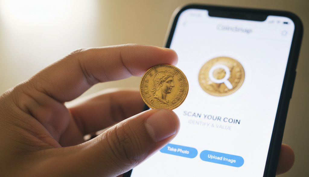 Close-up of a hand holding a gold coin in front of a phone screen running the CoinSnap app, bright lighting.