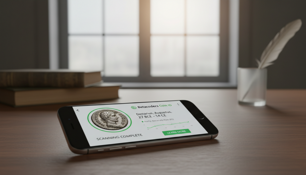 Detailed scan of a rare coin on a smartphone screen using the Betacoders identification app.