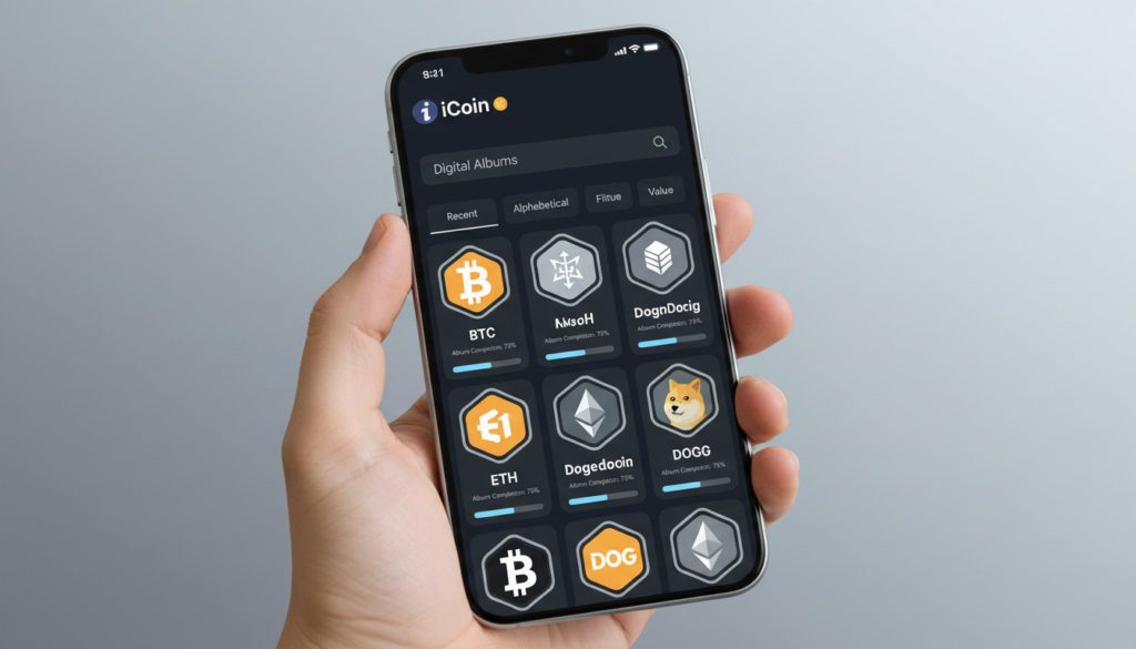 Elegant smartphone mockup showing the iCoin app with a collection of digital coin albums.