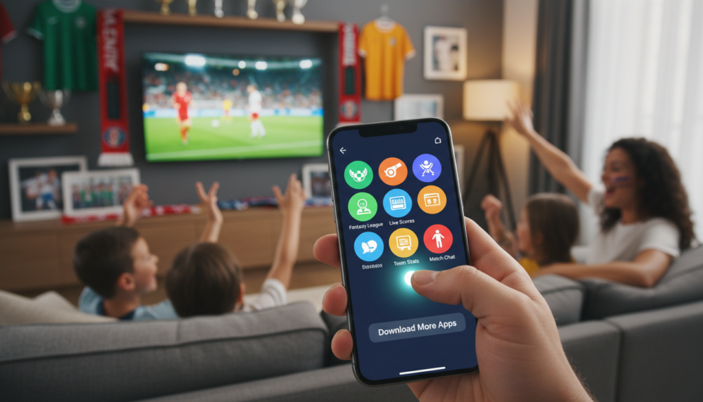 Imagine a modern smartphone displaying a vibrant user interface with colorful icons representing various football apps. In the foreground, a person's hand is gently tapping on the screen, demonstrating the user-friendly app navigation. The middle ground features a close-up of the phone against a blurred backdrop of a lively living room filled with football memorabilia and family members who are excitedly watching a game. Soft, warm lighting casts an inviting glow, enhancing the atmosphere of a cozy sports night. The angle captures the vibrant action on the phone while the background hints at the thrilling ambiance of a live football game. The overall mood is energetic and engaging, appealing to football fans eager to download app technology for game day excitement.