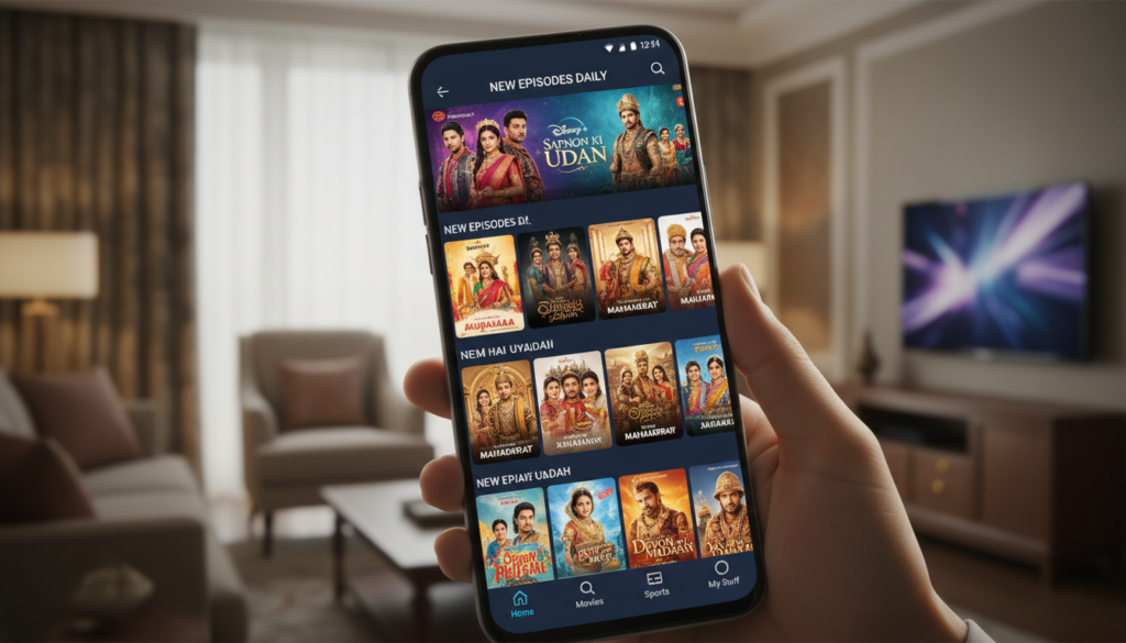 Interface do aplicativo Disney+ Hotstar em um smartphone moderno, exibindo pôsteres coloridos de novelas indianas e dramas épicos, fundo com iluminação suave de cinema e alta definição.