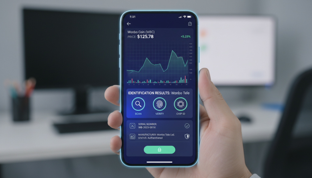 Mobile app screen showing coin price charts and identification results from Wonbo Tele.