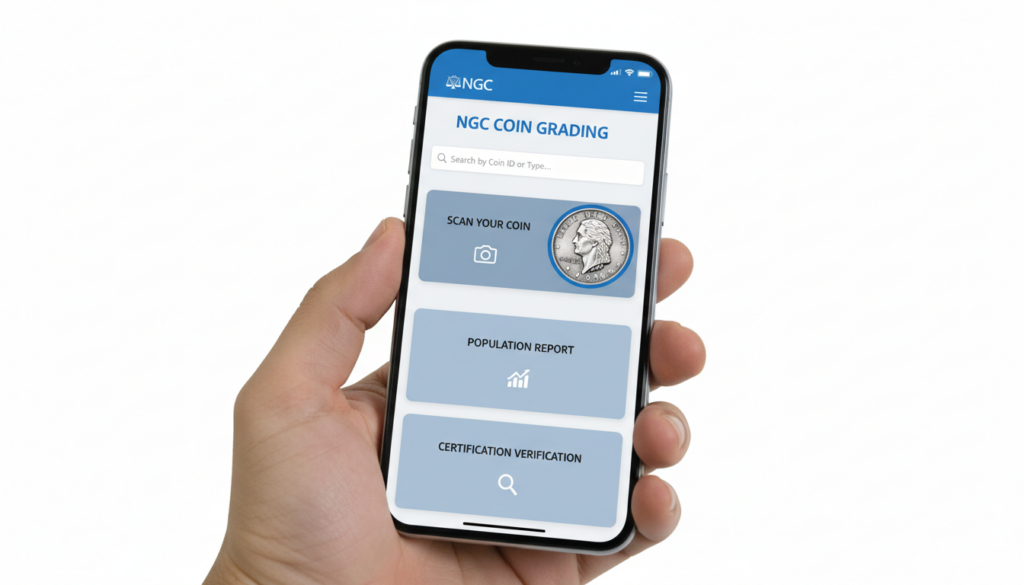 Modern smartphone displaying the NGC coin grading app interface on a clean white background.