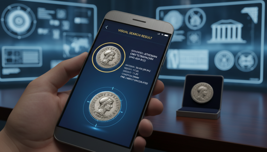 Smartphone showing the Coinoscope app interface with a visual search result of an ancient silver coin, high tech style.