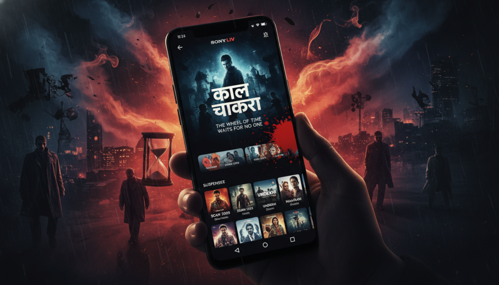 Uma imagem fotorrealista de um smartphone moderno exibindo a interface do aplicativo SonyLIV, cercado por elementos dramáticos que lembram thrillers de suspense indianos, iluminação cinematográfica.