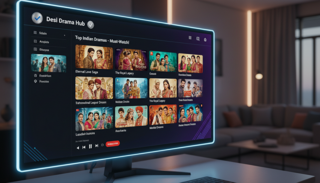 Uma interface moderna do YouTube exibindo uma lista de reprodução organizada com miniaturas coloridas de dramas indianos e o selo oficial de verificação em destaque.