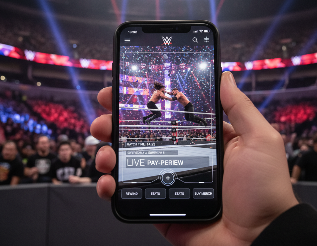 Uma interface moderna do aplicativo oficial da WWE em um smartphone de última geração, exibindo uma luta intensa de wrestling com cores vibrantes e iluminação de arena, estilo fotografia profissional em 4k.