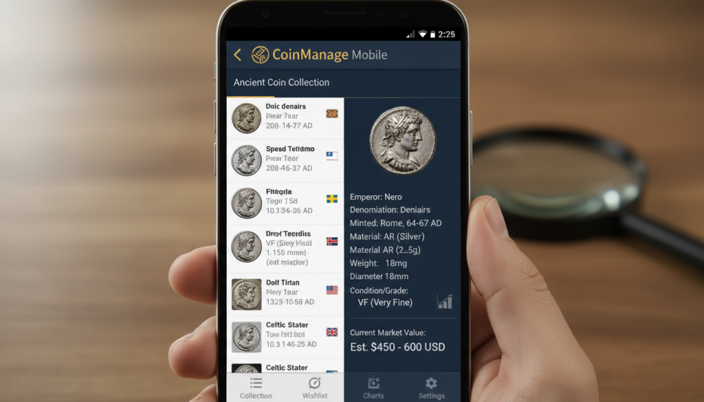 User interface of CoinManage software on a mobile screen showing a list of organized ancient coins.