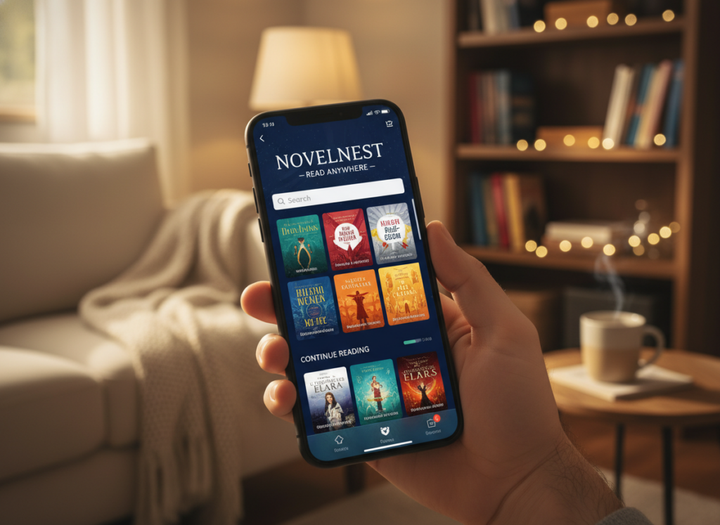 A close-up of a modern smartphone prominently displaying a colorful app interface dedicated to complete novels, set against a cozy, inviting background. The phone is held in a person's hand, showing only their wrist and fingers, suggesting easy navigation through the app. The screen glows softly, highlighting text and vibrant book covers. In the background, there's a warm, softly lit living room ambiance, with a plush couch and a small bookshelf filled with novels. The lighting is warm and inviting, casting gentle shadows. The overall atmosphere is relaxed and engaging, evoking the joy of reading on-the-go. The angle is slightly tilted to capture the phone's screen clearly while keeping the warm setting in view.