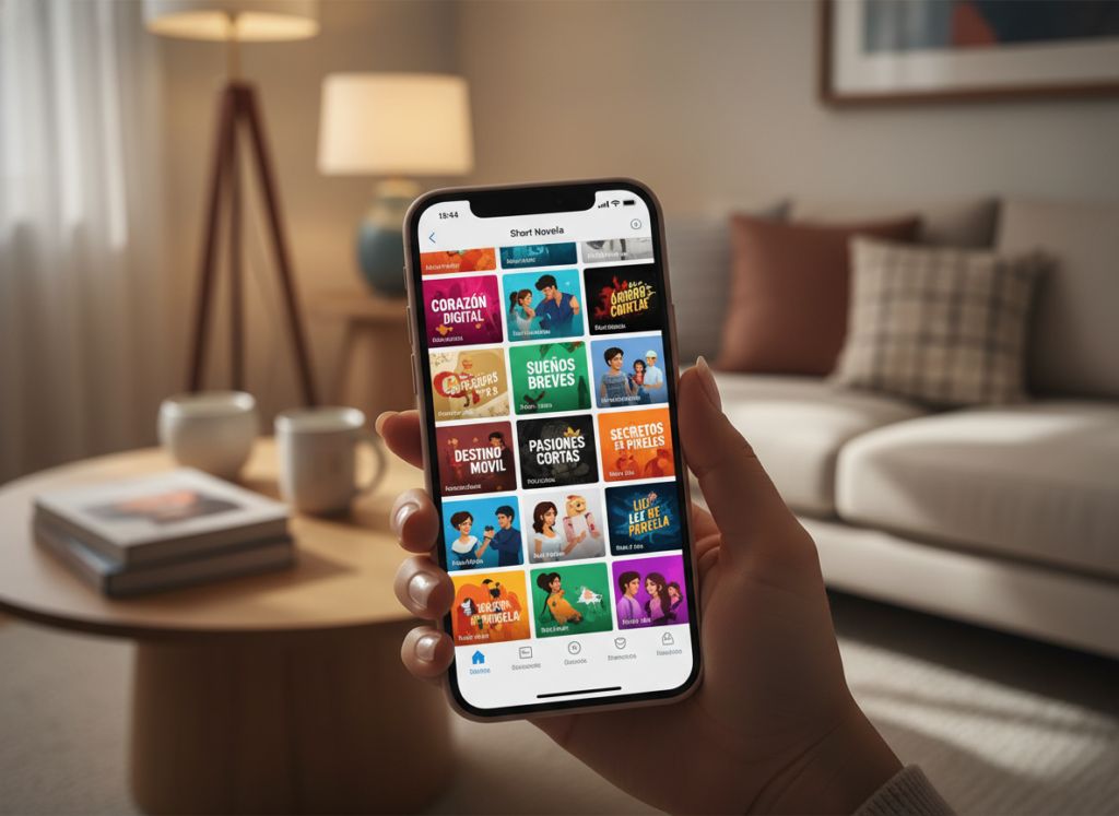 A close-up scene showcasing a modern smartphone displaying vibrant streaming apps for short novelas. The foreground features a hand elegantly holding the phone, with the screen filled with colorful thumbnails of various mini novela titles. The middle ground includes a cozy living room setting with soft lighting that enhances the inviting atmosphere, complete with a stylish coffee table and a plush sofa in the background. Dim, warm light casts gentle shadows, creating a relaxed mood. The angle is slightly above eye level, focusing on the phone while blurring the room’s details. The overall vibe is one of comfort and entertainment, perfect for illustrating the popularity of short novelas on mobile devices.