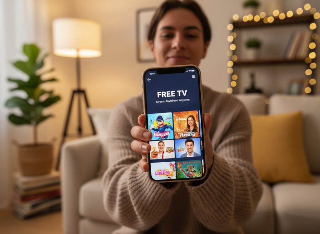 A close-up view of a modern smartphone displaying a vibrant streaming interface for free TV shows. The phone is held by a casually dressed young adult in a comfortable living room setting, with a cozy couch and soft lighting creating a warm, inviting atmosphere. In the background, there are subtle hints of a relaxing home environment, like a bookshelf and decorative plants, ensuring the focus remains on the phone. The screen shows colorful TV program thumbnails, capturing the essence of accessible entertainment. The lighting should be soft and warm, giving the image a relaxed feel, while the camera angle is slightly tilted to emphasize the phone and its content. The atmosphere should convey a sense of ease and enjoyment in watching TV anywhere.