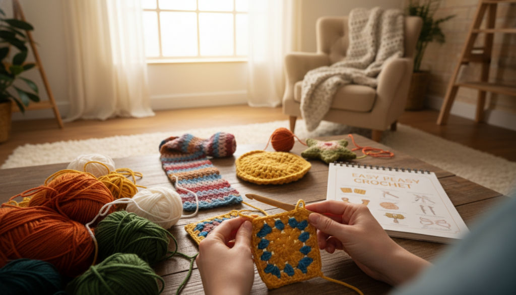A cozy crafting space filled with vibrant yarns and crochet hooks, showcasing beginner-friendly crochet projects. In the foreground, a pair of hands are skillfully working on a bright, patterned crochet square, surrounded by colorful skeins of yarn in various textures. In the middle, a neatly arranged tabletop displays completed projects like a simple scarf and a cute dishcloth, accompanied by an open crochet pattern book. In the background, soft natural light filters through a window, casting a warm glow over the scene, enhancing the inviting atmosphere. The composition features warm earth tones, creating a sense of comfort and creativity, inviting beginners to explore the world of crochet.