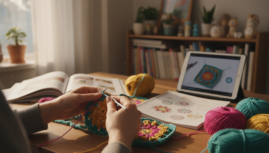 A cozy indoor crafting scene featuring a close-up of a vibrant crocheting project in progress, with colorful yarns scattered around. In the foreground, a pair of skilled hands delicately crocheting a floral pattern, showcasing intricate details and textures. The middle ground includes a neatly organized workspace with crochet patterns and a tablet displaying a tutorial video, conveying a blend of traditional and digital learning. Soft, warm lighting creates an inviting atmosphere, with sunrays streaming in through a window, highlighting the textures of the yarns. In the background, a softly blurred bookcase filled with crafting books and decorative items adds depth to the scene, emphasizing the theme of creativity and learning in crochet.